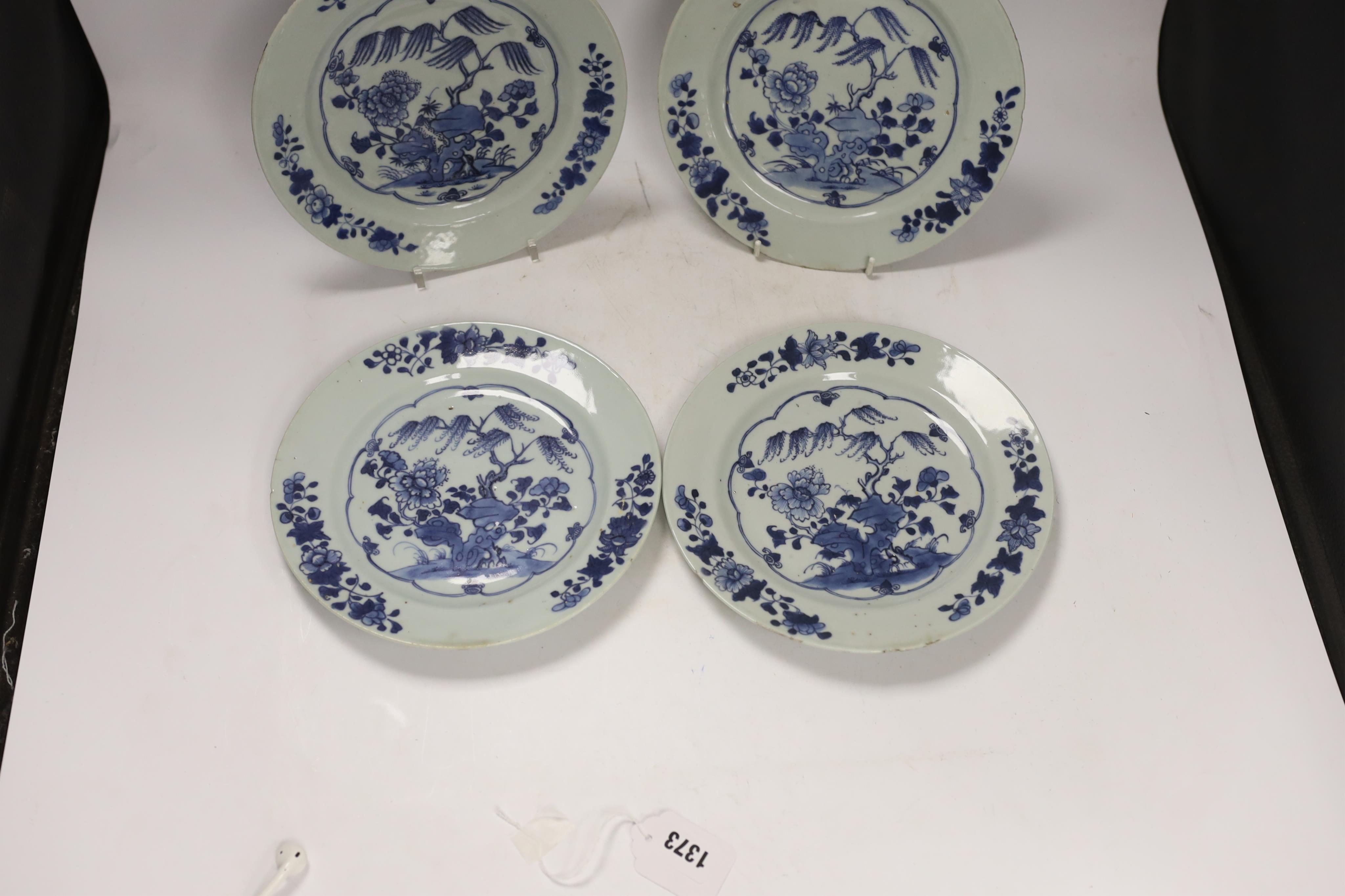 A set of four 18th century Chinese export blue and white plates, 23cm